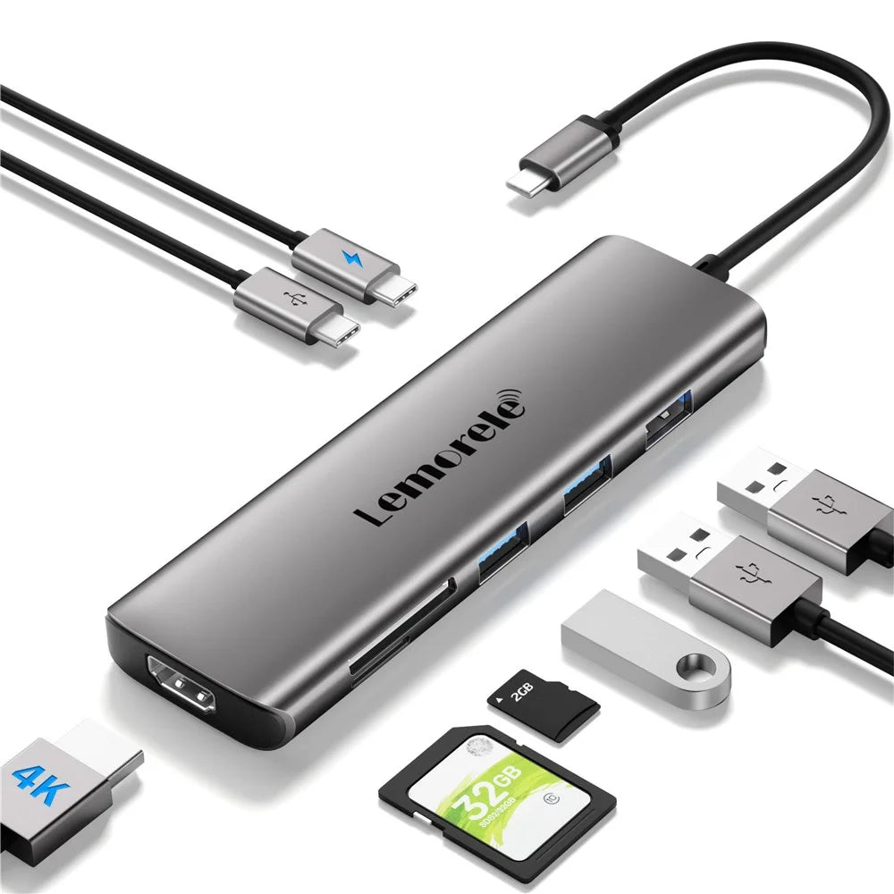 LEMORELE TC38 USB C Hub 8 in 1 Docking Station with 3x USB 3.0 / 4K HD / PD 100W / SD TF Card Reader - 2