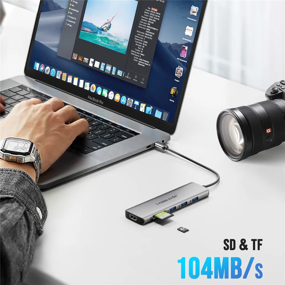 LEMORELE TC38 USB C Hub 8 in 1 Docking Station with 3x USB 3.0 / 4K HD / PD 100W / SD TF Card Reader - 4