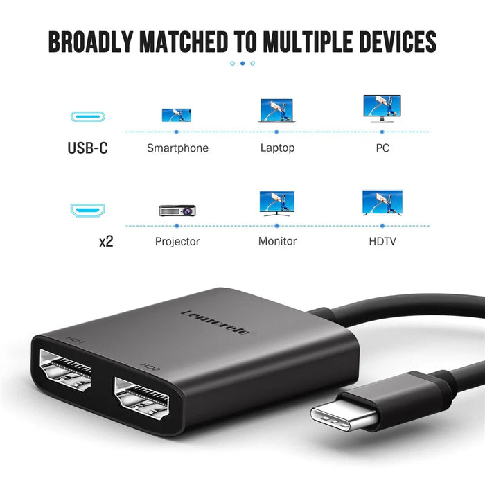 LEMORELE TC21 4K  /  30Hz USB-C Male to Dual HD Female Adapter for MacBook  /  Smartphone  /  Laptop - 4
