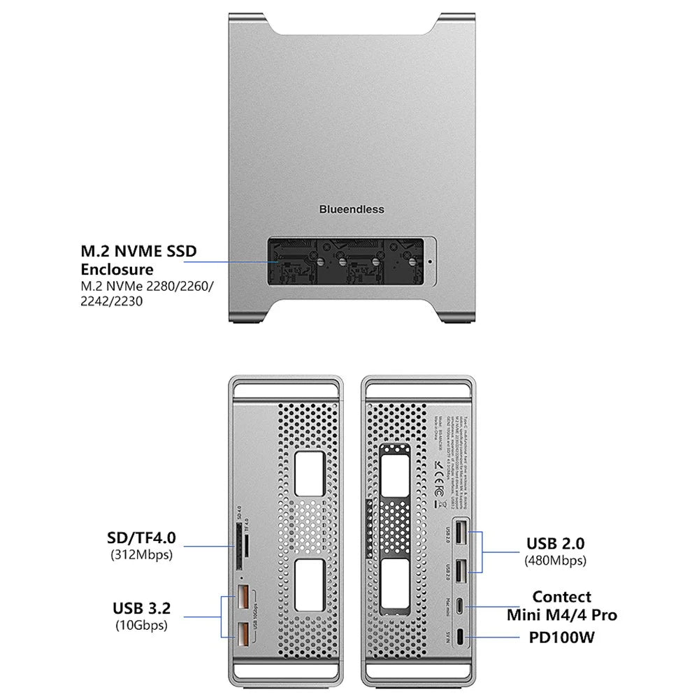 BLUEENDLESS MAC908 9 in 1 BLUEENDLESS MAC909 9 in 1 Type-C Hub, USB TF SD Card PD 100W SSD Enclosure Docking Station - Silver Grey - 5
