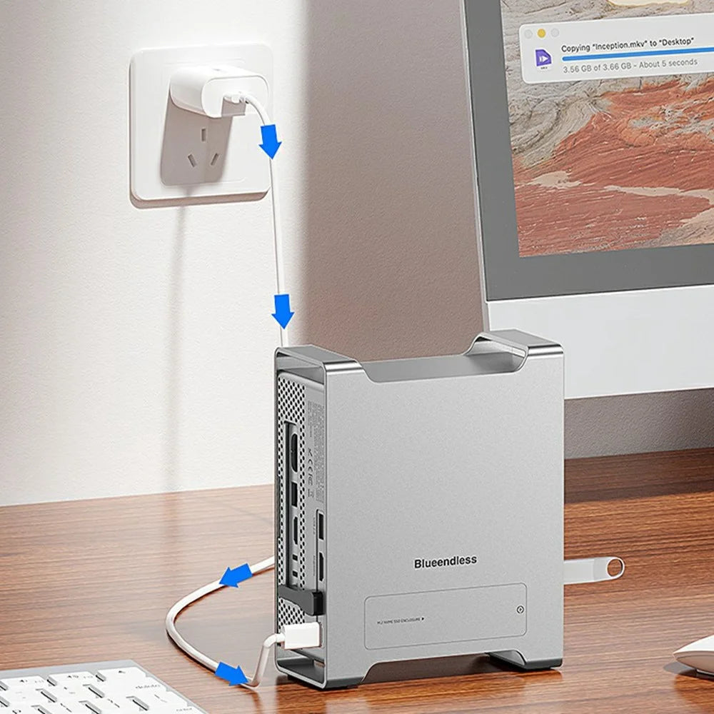 BLUEENDLESS MAC909 9 in 1 Type-C Hub, 4K 60Hz HD USB TF SD Card PD 100W SSD Enclosure Docking Station - Silver Grey - 4