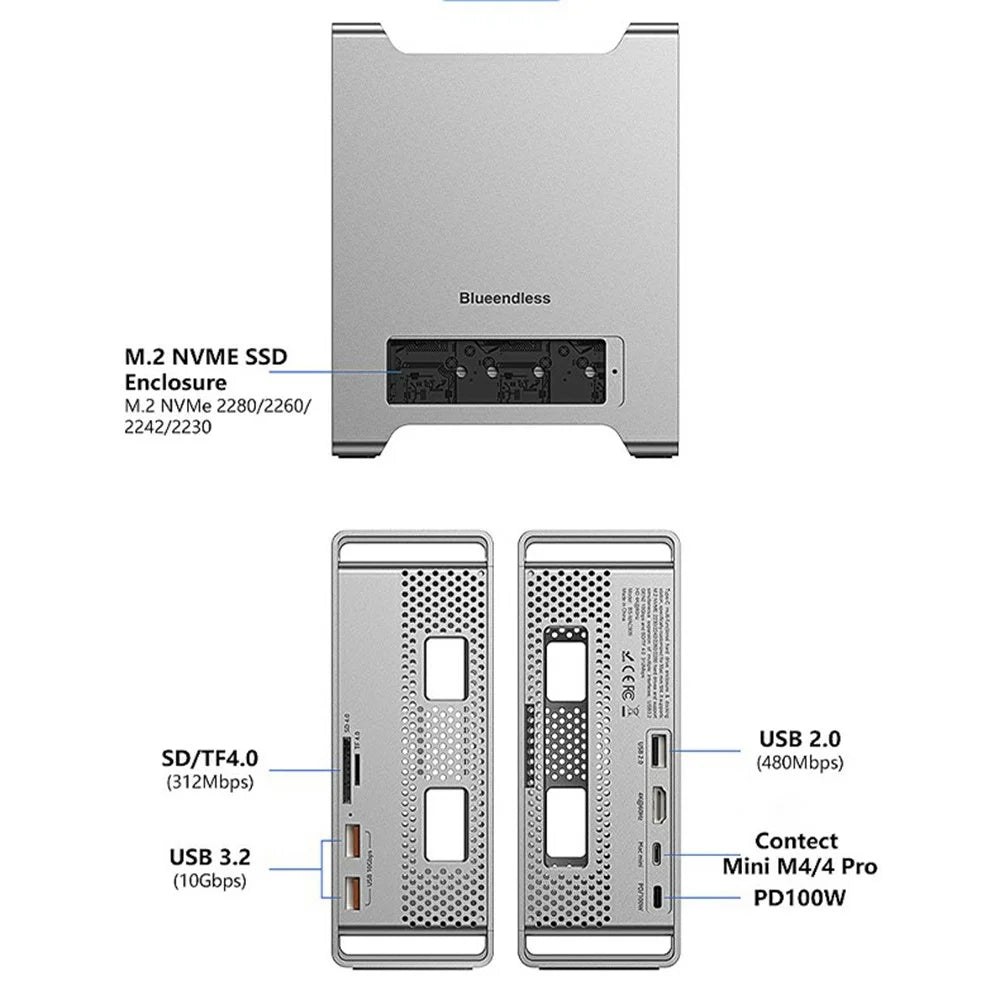 BLUEENDLESS MAC909 9 in 1 Type-C Hub, 4K 60Hz HD USB TF SD Card PD 100W SSD Enclosure Docking Station - Silver Grey - 7