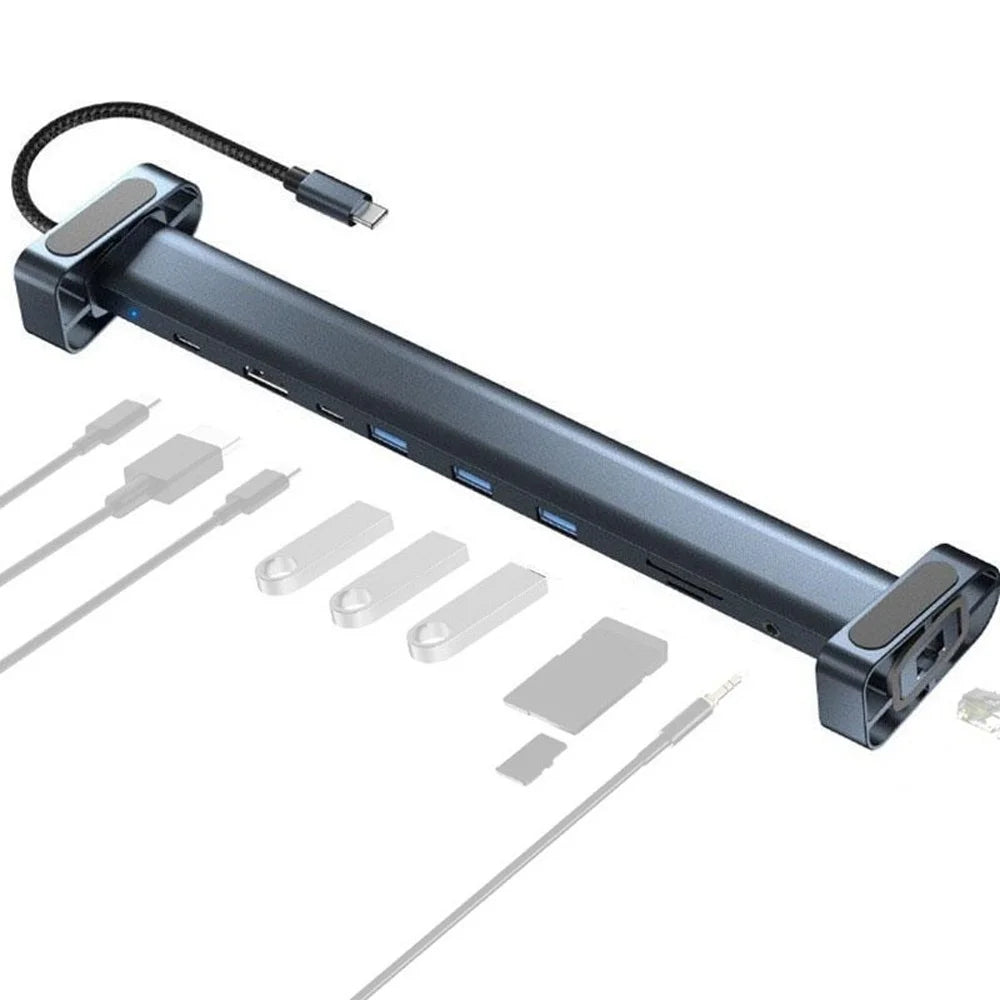 TC212 10 in 1 USB-C HD Docking Station Vertical Hub USB3.0 RJ45 Charging USB Type-C Hub for MacBook Laptop- Grey - 1