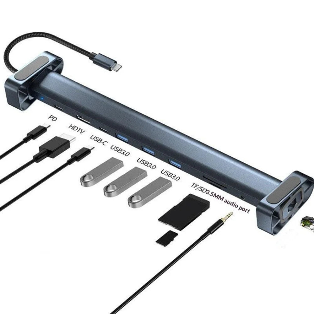 TC212 10 in 1 USB-C HD Docking Station Vertical Hub USB3.0 RJ45 Charging USB Type-C Hub for MacBook Laptop- Grey - 2