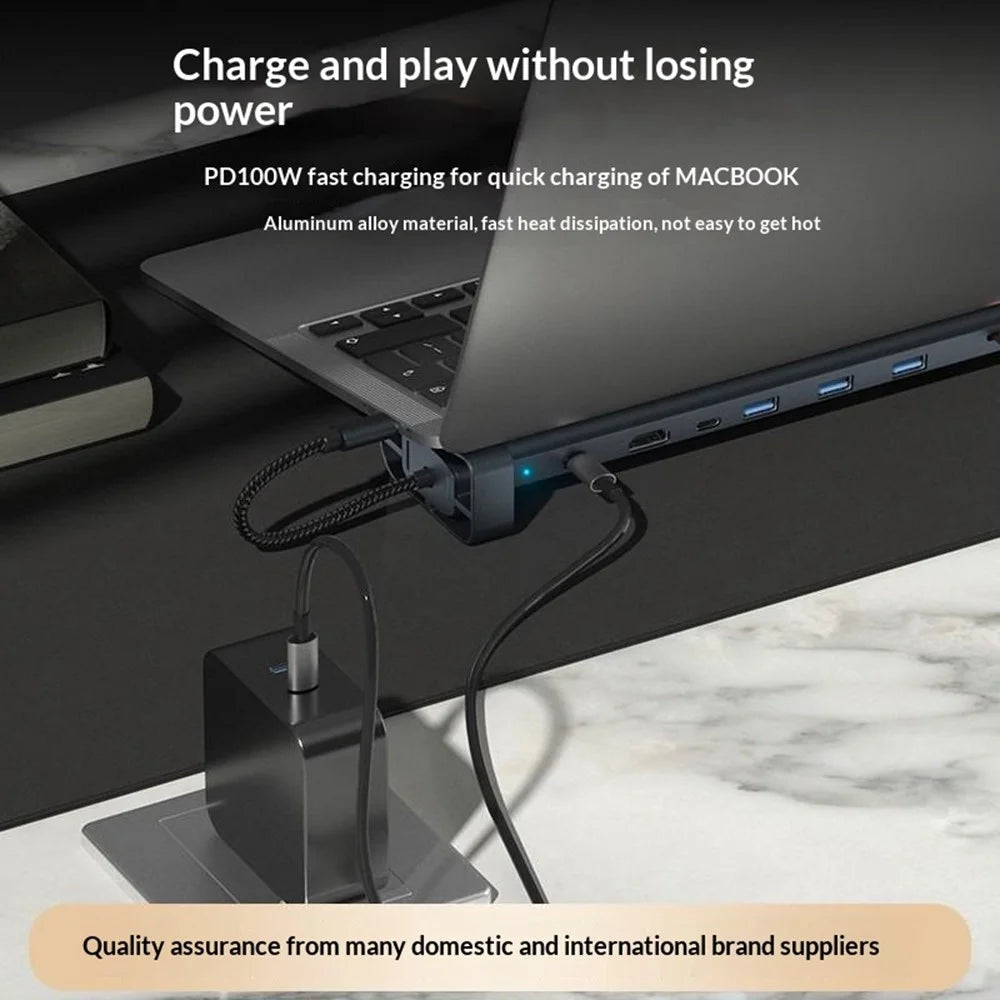 TC212 10 in 1 USB-C HD Docking Station Vertical Hub USB3.0 RJ45 Charging USB Type-C Hub for MacBook Laptop- Grey - 3
