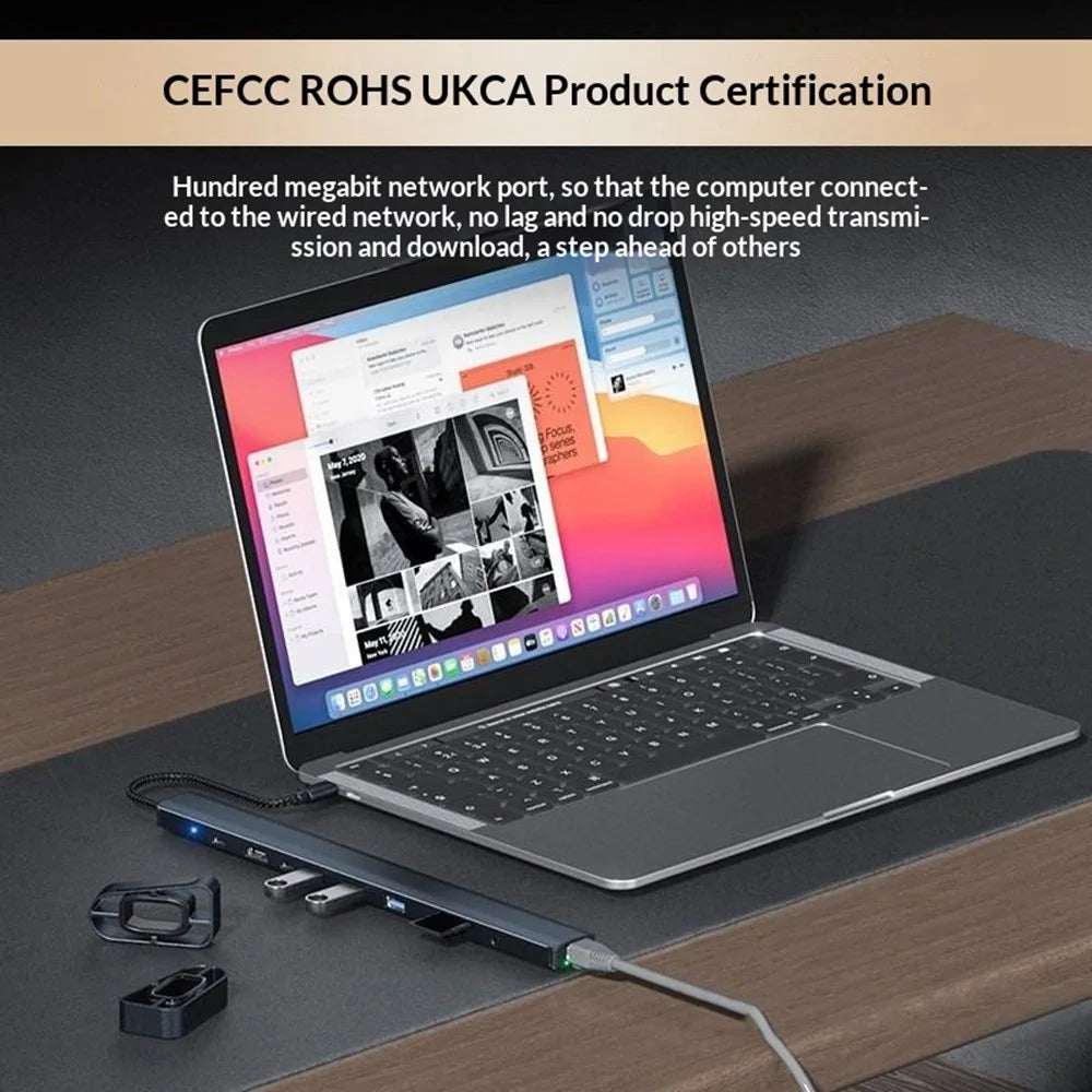 TC212 10 in 1 USB-C HD Docking Station Vertical Hub USB3.0 RJ45 Charging USB Type-C Hub for MacBook Laptop- Grey - 4