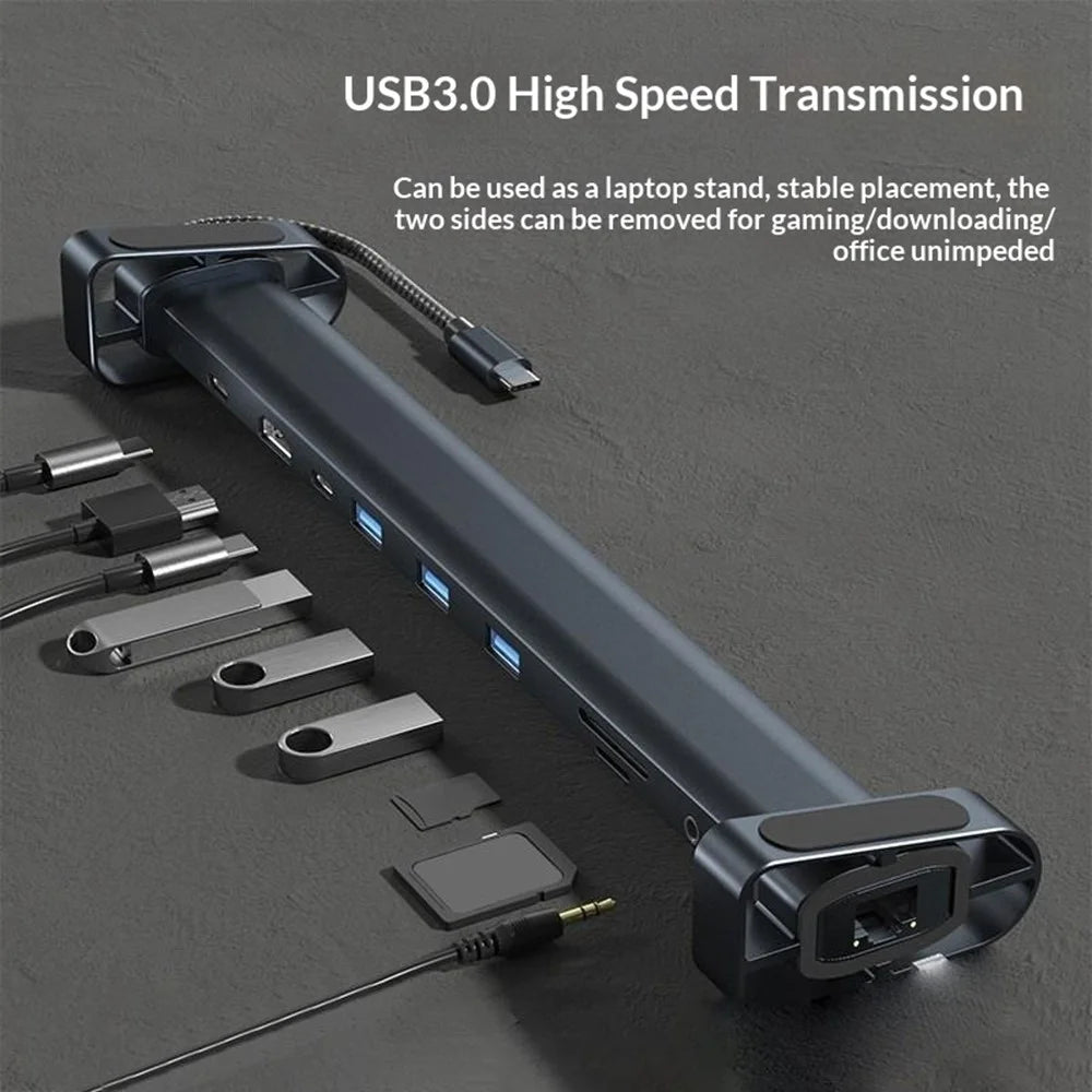 TC212 10 in 1 USB-C HD Docking Station Vertical Hub USB3.0 RJ45 Charging USB Type-C Hub for MacBook Laptop- Grey - 5