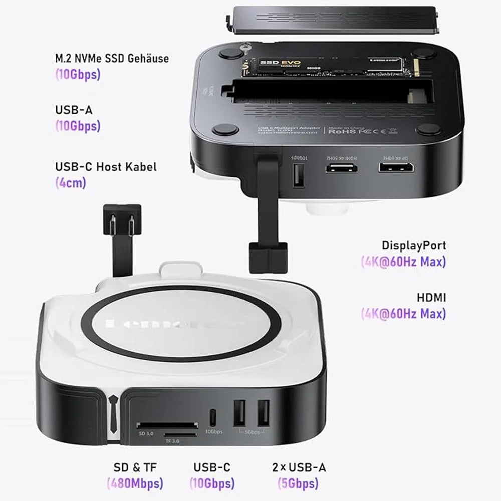 LEMORELE TC800 9-in-1 USB-C Hub for Mac Mini M4  /  M4 Pro USB TF SD Card 10Gbps M.2 NVMe SSD Slot Dual 4K 60Hz Expansion Dock - Black - 4