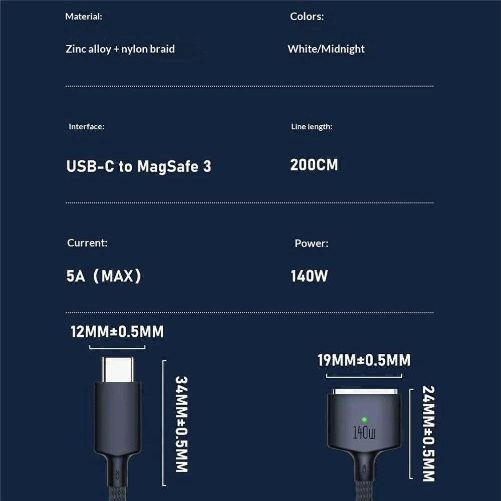 D039 2m USB-C to Compatible with MagSafe 3 Nylon Braided 140W PD Fast Charging Cable for MacBook Pro 16 Inch - Midnight Blue - 6