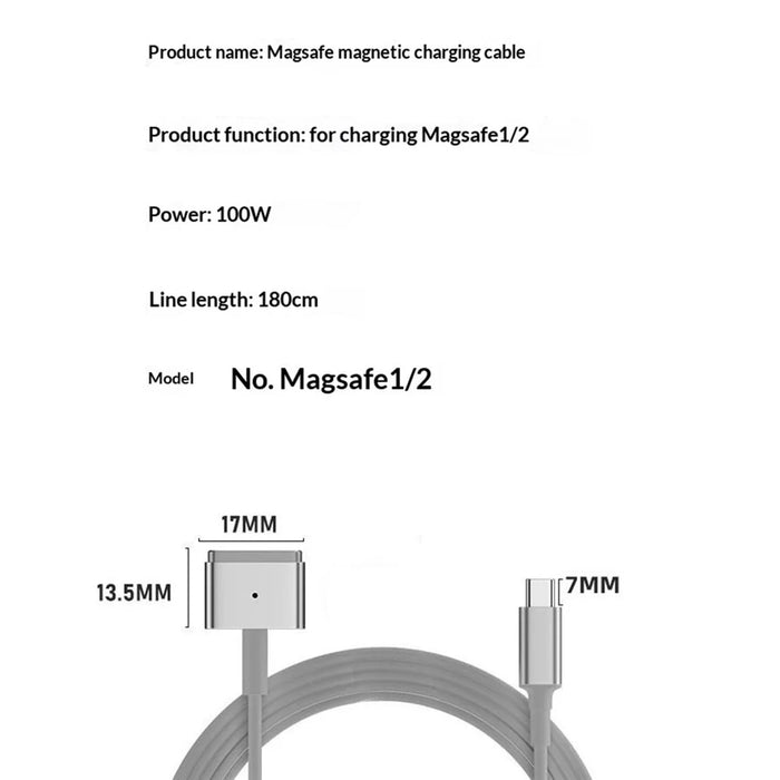 D036 1.8m USB-C Male to Compatible with MagSafe 2 Charging Cable 100W PD Fast Charging Cord for MacBook Air  /  Pro 2012-2016 - White  /  Silver - 7