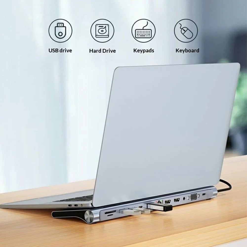 2003U2 12-in-1 Type-C Docking Station Dual HD 4K Multi-Display Hub Laptop Stand Design - Grey - 6