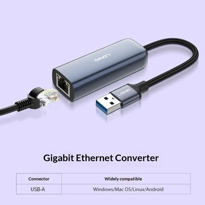 LDNIO RJ-01U USB-A to Gigabit Ethernet Adapter 1000Mbps USB to RJ45 LAN Wired Network Converter for Laptop Desktop - Grey - 2