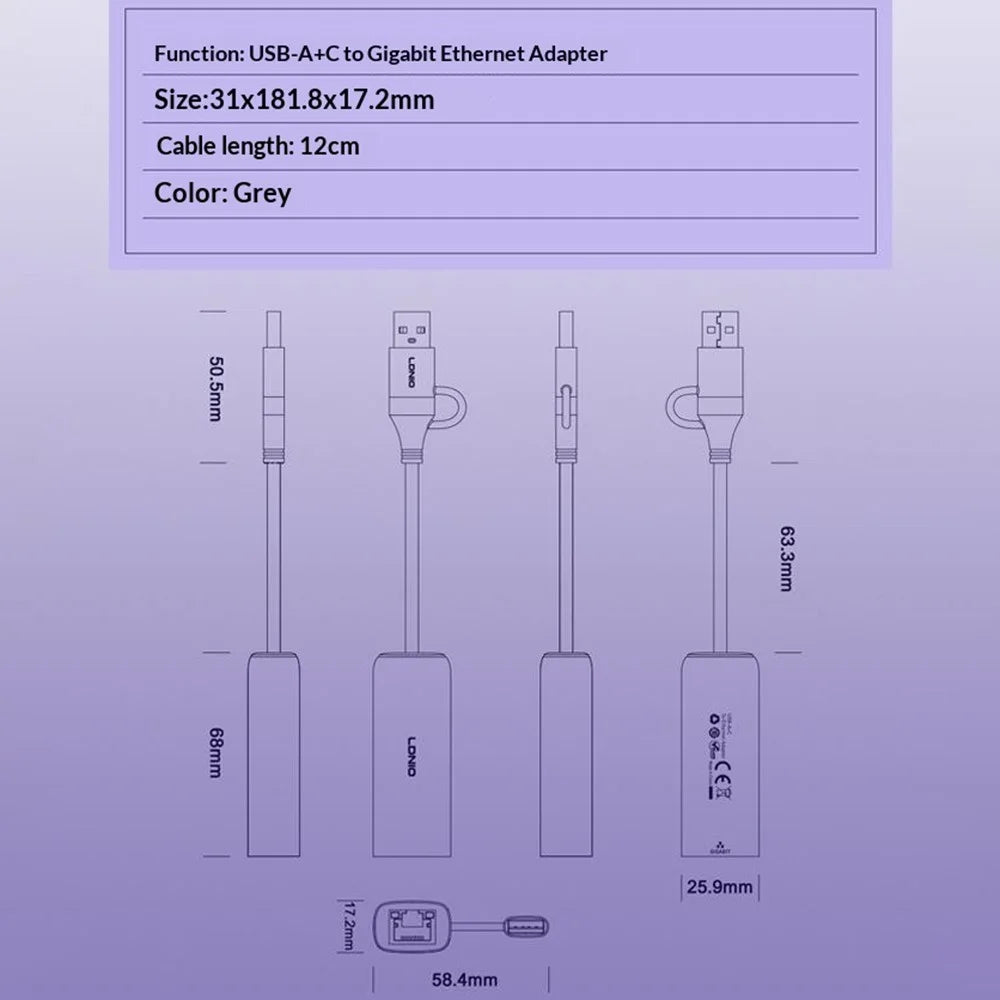 LDNIO RJ-01U USB-A to Gigabit Ethernet Adapter 1000Mbps USB to RJ45 LAN Wired Network Converter for Laptop Desktop - Grey - 7