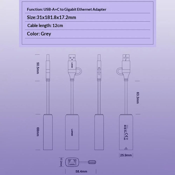 LDNIO RJ-01U USB-A to Gigabit Ethernet Adapter 1000Mbps USB to RJ45 LAN Wired Network Converter for Laptop Desktop - Grey - 7