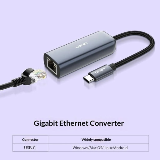 LDNIO RJ-01C USB-C to RJ45 Gigabit Ethernet Adapter 1000Mbps Wired Network Converter for Laptop Desktop -Grey - 2