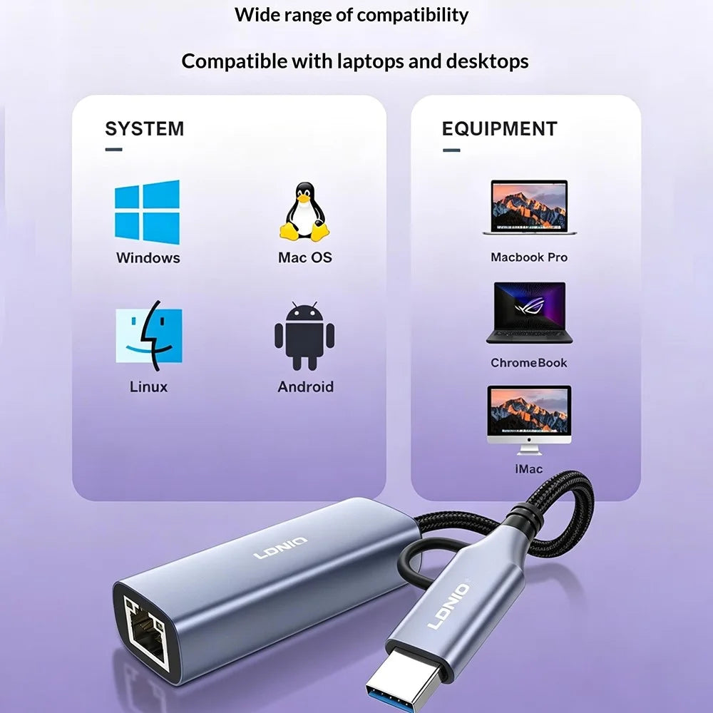 LDNIO RJ-01C USB-C to RJ45 Gigabit Ethernet Adapter 1000Mbps Wired Network Converter for Laptop Desktop -Grey - 5