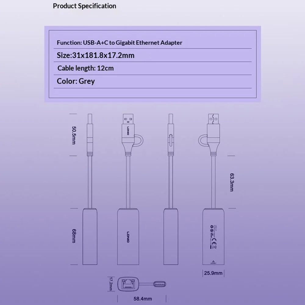 LDNIO RJ-01C USB-C to RJ45 Gigabit Ethernet Adapter 1000Mbps Wired Network Converter for Laptop Desktop -Grey - 6