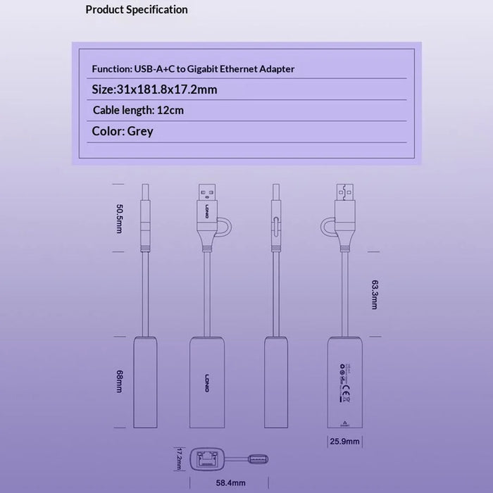 LDNIO RJ-01C USB-C to RJ45 Gigabit Ethernet Adapter 1000Mbps Wired Network Converter for Laptop Desktop -Grey - 6