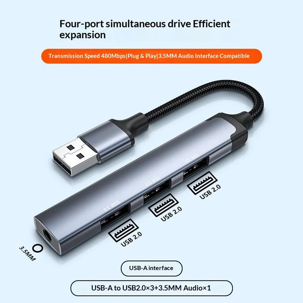 LDNIO DS-104U 4-in-1 USB-A Hub Multifunctional 480Mbps 3xUSB2.0 + 3.5mm Audio Adapter for Laptop Desktop - Grey - 2