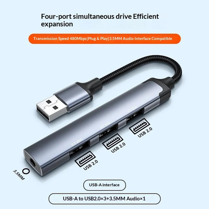 LDNIO DS-104U 4-in-1 USB-A Hub Multifunctional 480Mbps 3xUSB2.0 + 3.5mm Audio Adapter for Laptop Desktop - Grey - 2