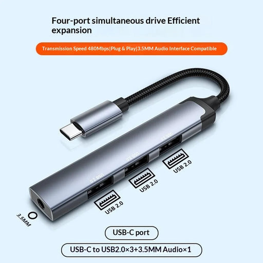 LDNIO DS-104C USB-C Hub Adapter 3 USB 2.0 Port+3.5mm Audio Interface 4-in-1 Expansion Dock for Laptop Tablet - Grey - 2
