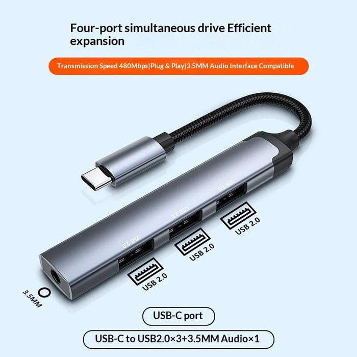 LDNIO DS-104C USB-C Hub Adapter 3 USB 2.0 Port+3.5mm Audio Interface 4-in-1 Expansion Dock for Laptop Tablet - Grey - 2