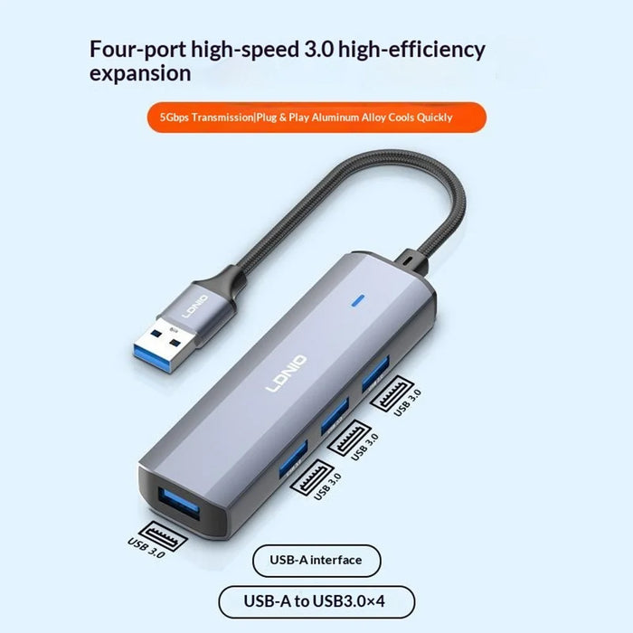 LDNIO DS-114U USB-A to 4xUSB3.0 Hub Adapter 5Gbps High Speed Aluminum Alloy Docking Station for Laptop PC - Grey - 2