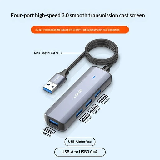 LDNIO DS-114U-1.2M USB-A to 4xUSB3.0 Hub Adapter 5Gbps High Speed Expansion Dock with 1.2m Cable for Laptop PC - Grey - 2
