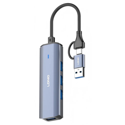 LDNIO DS-114UC USB-A + Type-C to 4-Port USB3.0 Hub 5Gbps High Speed Splitter Adapter for Laptop - Grey - 1