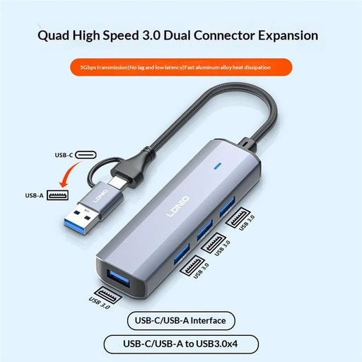LDNIO DS-114UC USB-A + Type-C to 4-Port USB3.0 Hub 5Gbps High Speed Splitter Adapter for Laptop - Grey - 2