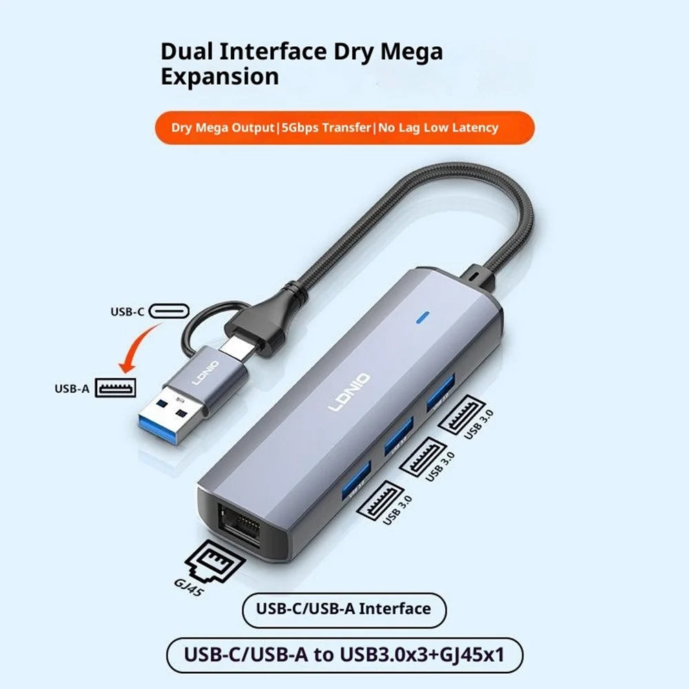 LDNIO DS-124UC USB-A + Type-C to 3-Port USB 3.0 RJ45 Gigabit Ethernet Splitter Hub for Laptop PC - Grey - 2