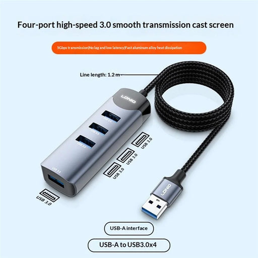 LDNIO DS-134U USB-A to 4-Port USB 3.0 Hub with 1.2m Cable 5Gbps High Speed Data Transfer Adapter - Grey - 2