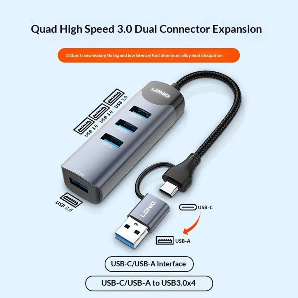 LDNIO DS-134UC USB-A + Type-C to 4-Port USB 3.0 Hub 5Gbps High Speed Data Transfer Aluminum Alloy Adapter - Grey - 2