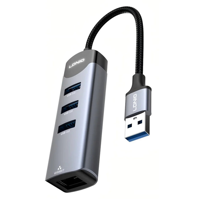 LDNIO DS-144U USB-A to 3x USB3.0 Ports RJ45 Gigabit Ethernet Hub Adapter for Laptop PC - Grey - 1