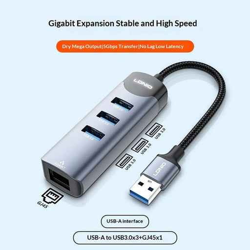 LDNIO DS-144U USB-A to 3x USB3.0 Ports RJ45 Gigabit Ethernet Hub Adapter for Laptop PC - Grey - 2