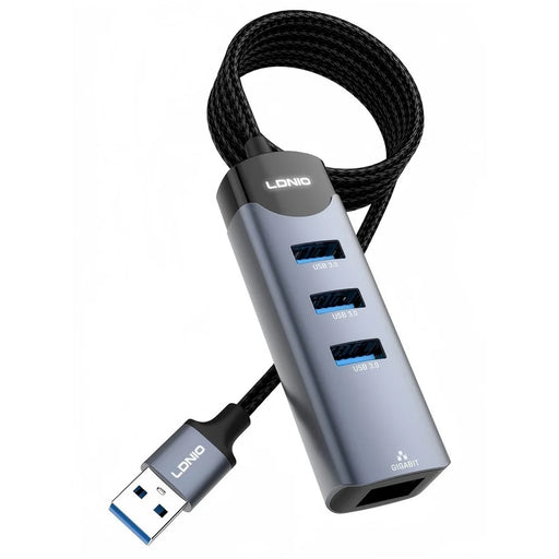 LDNIO DS-144U USB-A to 3-Port USB3.0 RJ45 Gigabit Ethernet Adapter Hub with 1.2m Cable - Grey - 1