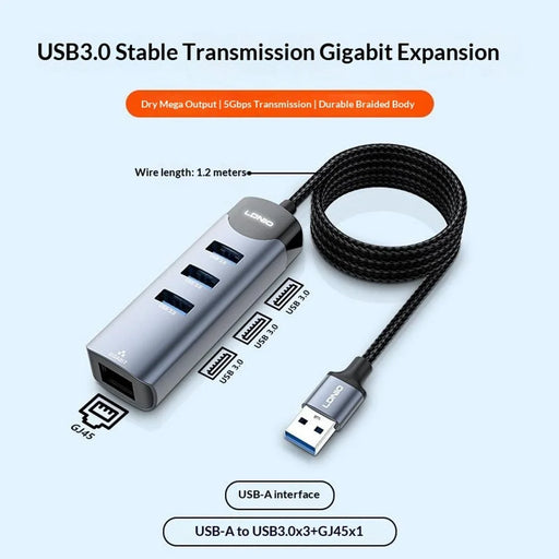 LDNIO DS-144U USB-A to 3-Port USB3.0 RJ45 Gigabit Ethernet Adapter Hub with 1.2m Cable - Grey - 2