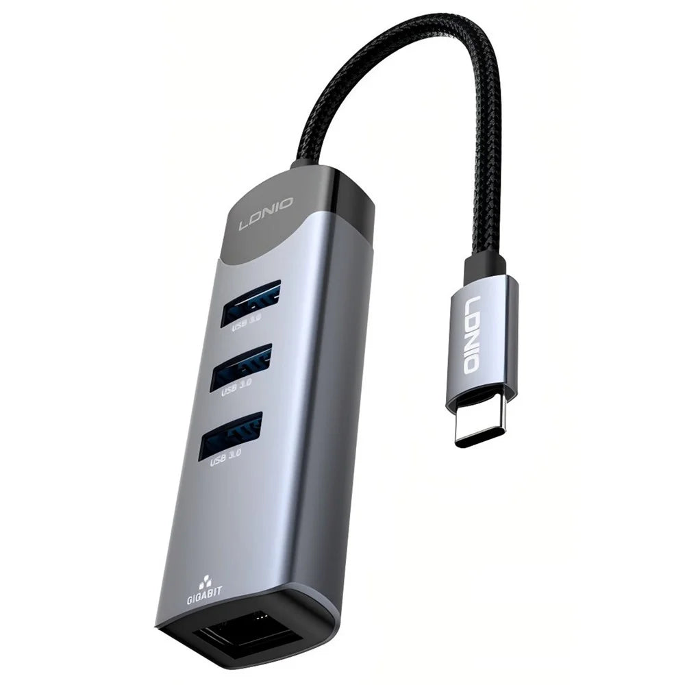 LDNIO DS-144C 4 in 1 USB-C Hub 3 USB3.0 Ports + RJ45 Gigabit Ethernet Adapter for Laptop - Grey - 1