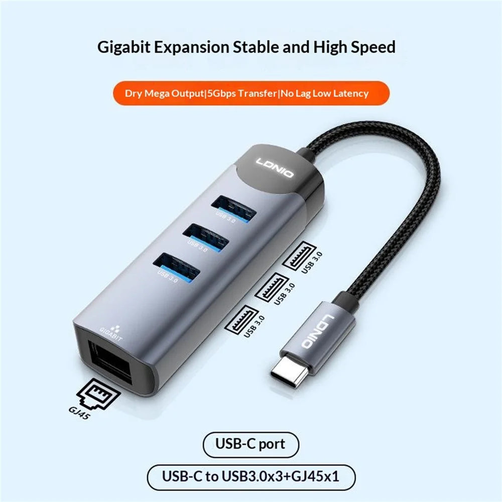 LDNIO DS-144C 4 in 1 USB-C Hub 3 USB3.0 Ports + RJ45 Gigabit Ethernet Adapter for Laptop - Grey - 2