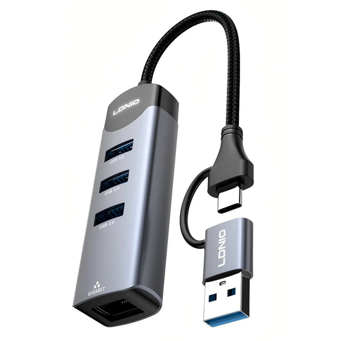 LDNIO DS-144UC USB-C + USB-A to 3-Port USB3.0 Splitter Hub RJ45 Gigabit Ethernet Adapter - Grey - 1