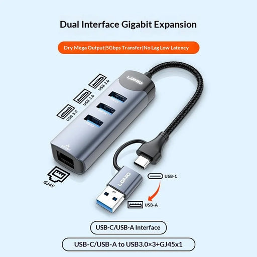 LDNIO DS-144UC USB-C + USB-A to 3-Port USB3.0 Splitter Hub RJ45 Gigabit Ethernet Adapter - Grey - 2