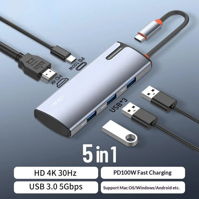 LDNIO DS-15H 5 in 1 Type-C Hub PD 100W Fast Charging 4K HD 3x USB 3.0 Docking Station - Grey - 2