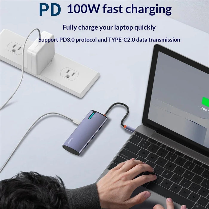 LDNIO DS-15H 5 in 1 Type-C Hub PD 100W Fast Charging 4K HD 3x USB 3.0 Docking Station - Grey - 4