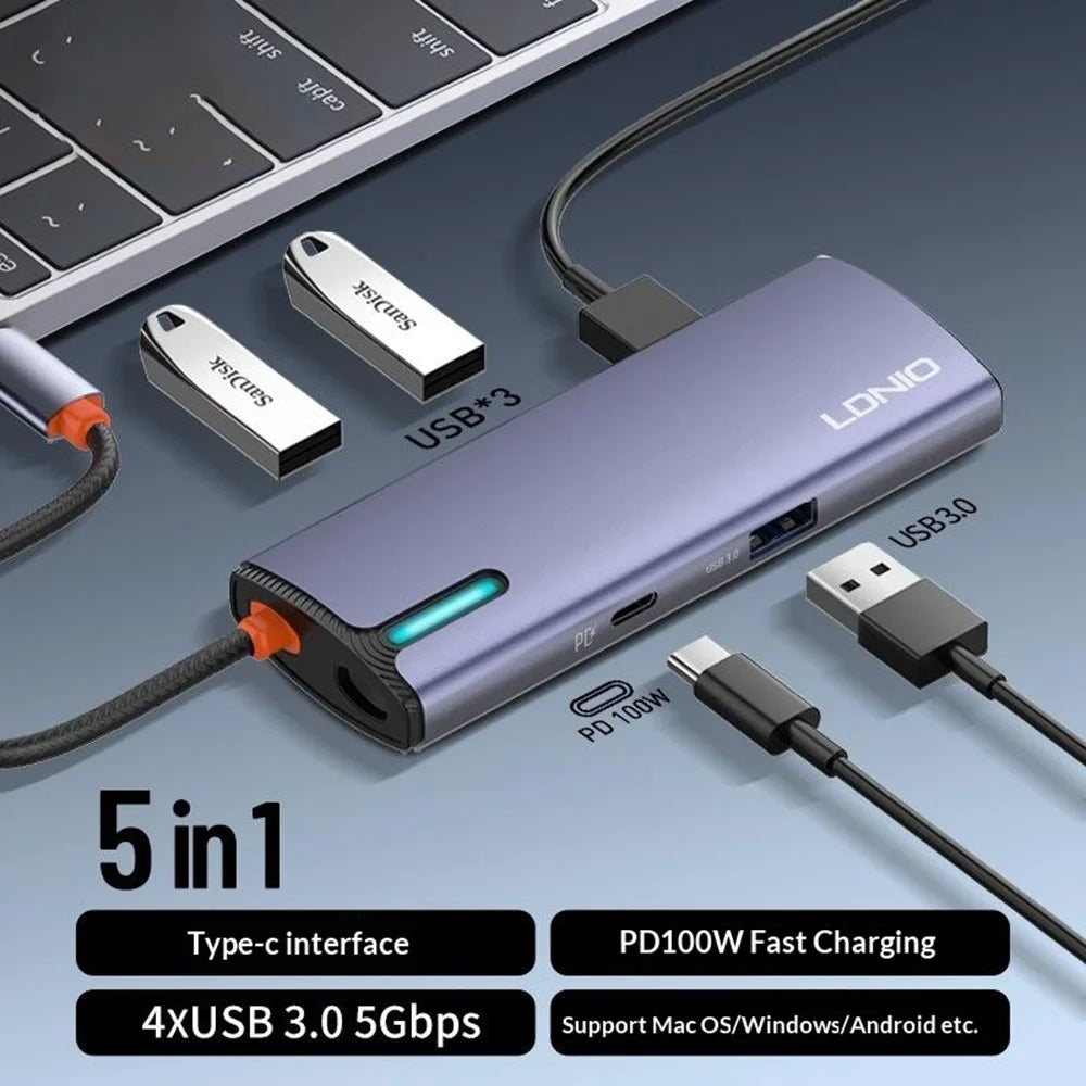 LDNIO DS-15U 5 in 1 Type-C Hub Aluminum Alloy PD 100W Fast Charging 4x USB 3.0 Splitter Adapter - Grey - 2
