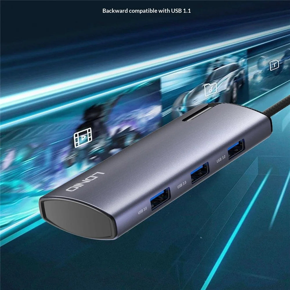 LDNIO DS-15U 5 in 1 Type-C Hub Aluminum Alloy PD 100W Fast Charging 4x USB 3.0 Splitter Adapter - Grey - 5