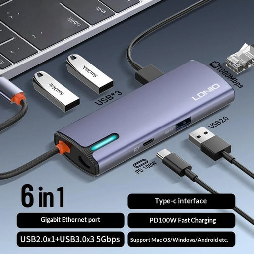 LDNIO DS-16U USB-C Hub 6 in 1 Docking Station with PD 100W Fast Charging Gigabit Ethernet 4x USB Ports - Grey - 2