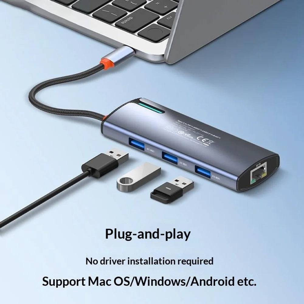 LDNIO DS-16U USB-C Hub 6 in 1 Docking Station with PD 100W Fast Charging Gigabit Ethernet 4x USB Ports - Grey - 3