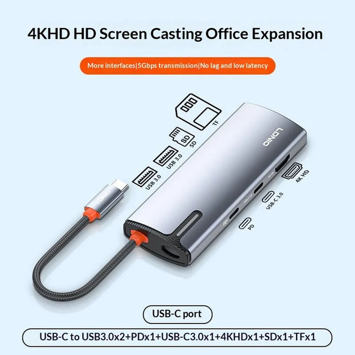 LDNIO DS-17H USB-C Hub 7 in 1 4K HD PD 100W Fast Charging USB3.0 SD TF Card Reader - Grey - 2