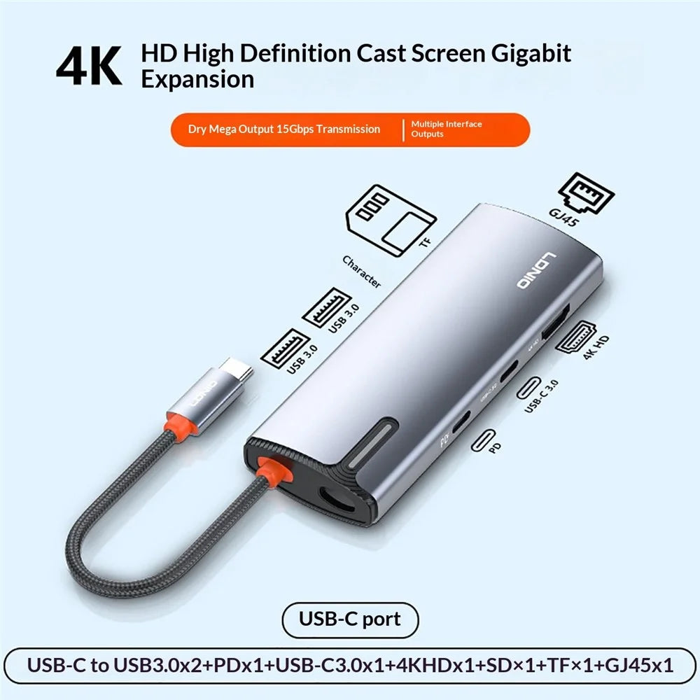 LDNIO DS-18H 8 in 1 USB-C Hub PD 100W Fast Charging 4K / 30Hz HD Gigabit Ethernet Adapter SD / TF Card Reader - Grey - 2