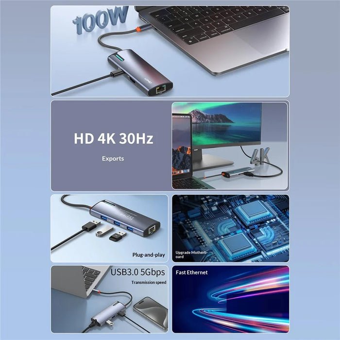 LDNIO DS-18H 8 in 1 USB-C Hub PD 100W Fast Charging 4K / 30Hz HD Gigabit Ethernet Adapter SD / TF Card Reader - Grey - 5